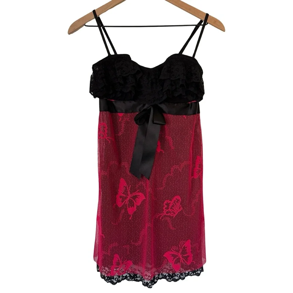 Vintage VS Anna Sui Butterfly Lace Babydoll Lingerie‎ Mini Dress 36C Pink Black